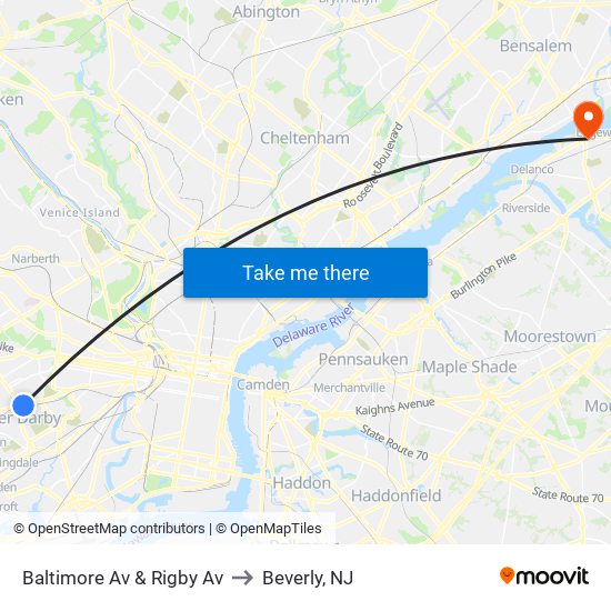 Baltimore Av & Rigby Av to Beverly, NJ map