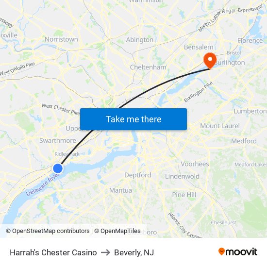 Harrah's Chester Casino to Beverly, NJ map