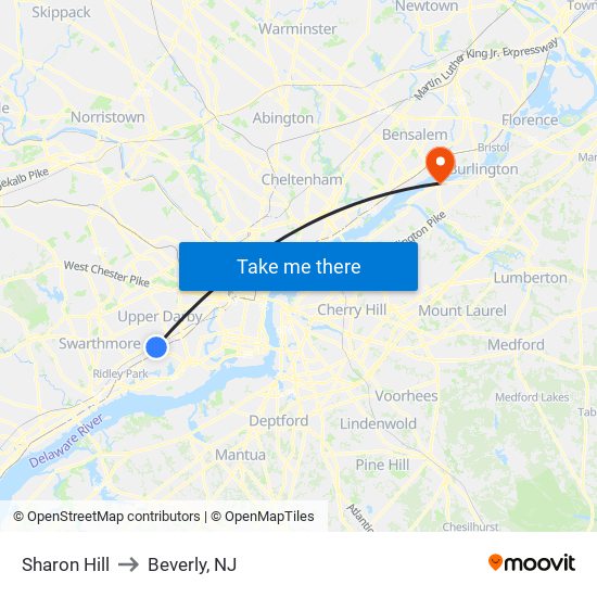 Sharon Hill to Beverly, NJ map