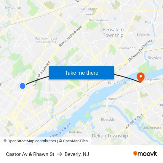 Castor Av & Rhawn St to Beverly, NJ map