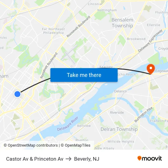 Castor Av & Princeton Av to Beverly, NJ map