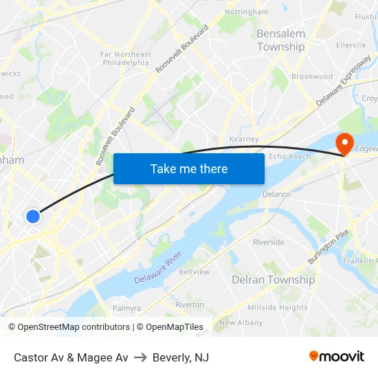 Castor Av & Magee Av to Beverly, NJ map