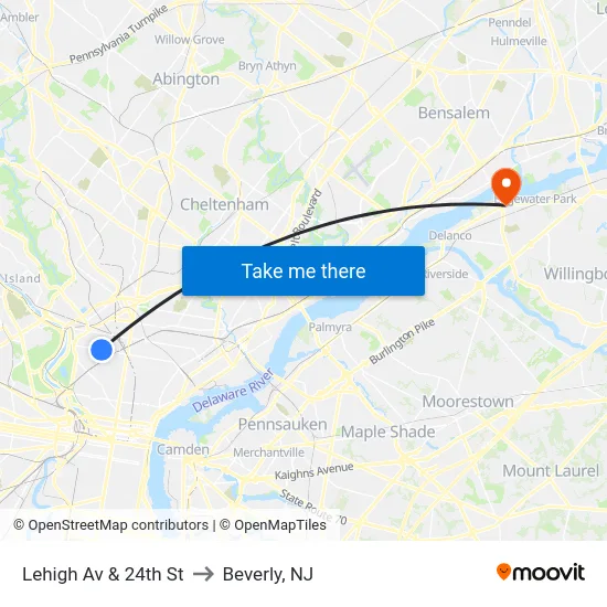 Lehigh Av & 24th St to Beverly, NJ map