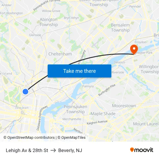 Lehigh Av & 28th St to Beverly, NJ map