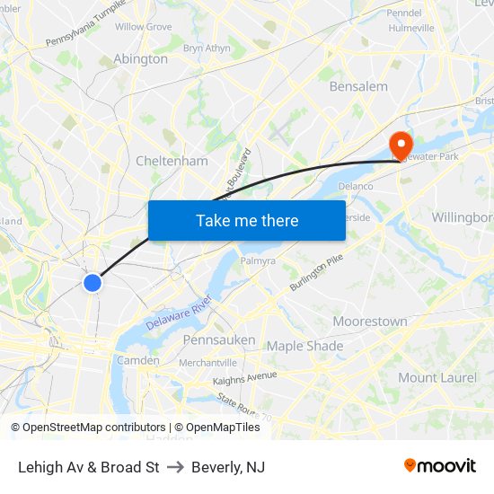 Lehigh Av & Broad St to Beverly, NJ map