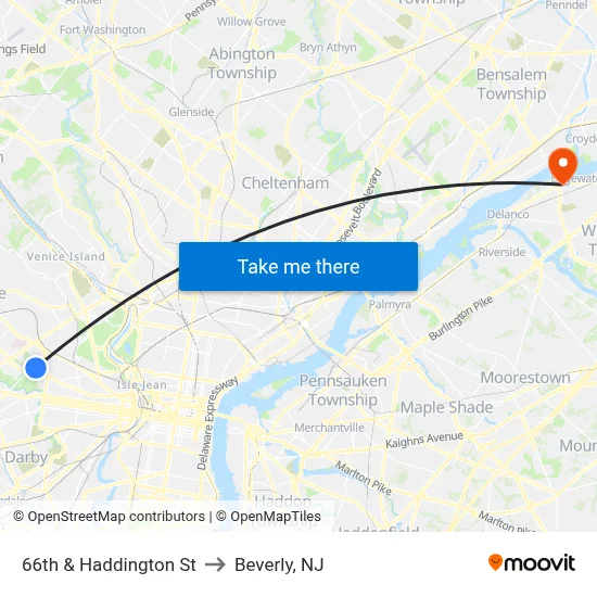 66th & Haddington St to Beverly, NJ map