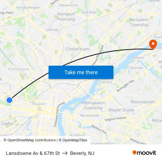 Lansdowne Av & 67th St to Beverly, NJ map