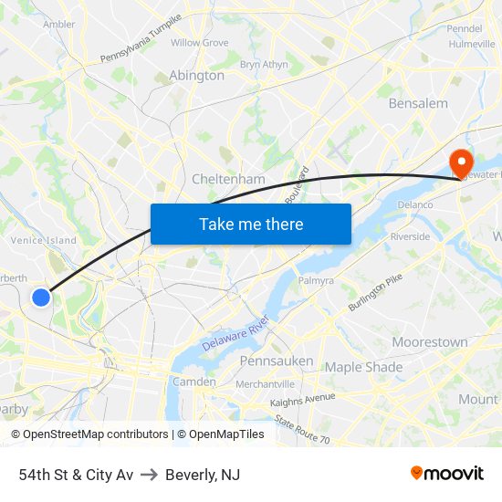 54th St & City Av to Beverly, NJ map