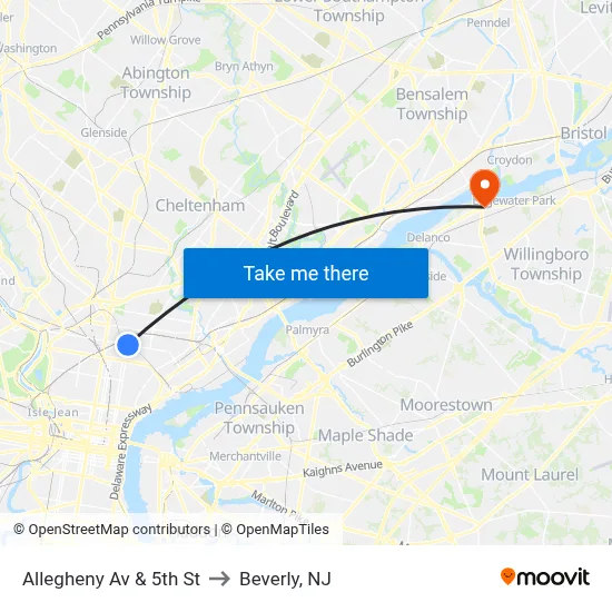 Allegheny Av & 5th St to Beverly, NJ map