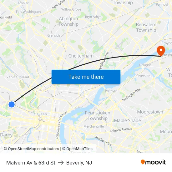 Malvern Av & 63rd St to Beverly, NJ map
