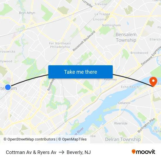 Cottman Av & Ryers Av to Beverly, NJ map