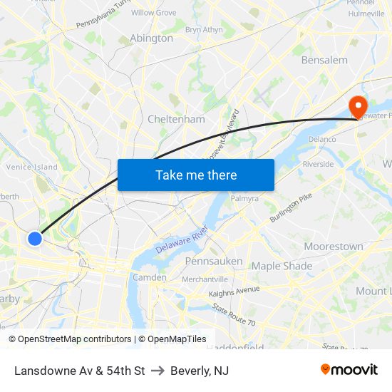 Lansdowne Av & 54th St to Beverly, NJ map