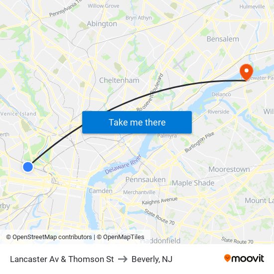 Lancaster Av & Thomson St to Beverly, NJ map