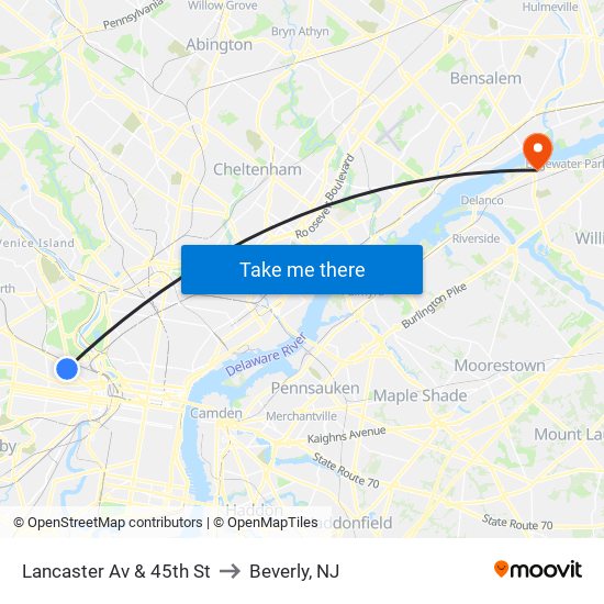 Lancaster Av & 45th St to Beverly, NJ map
