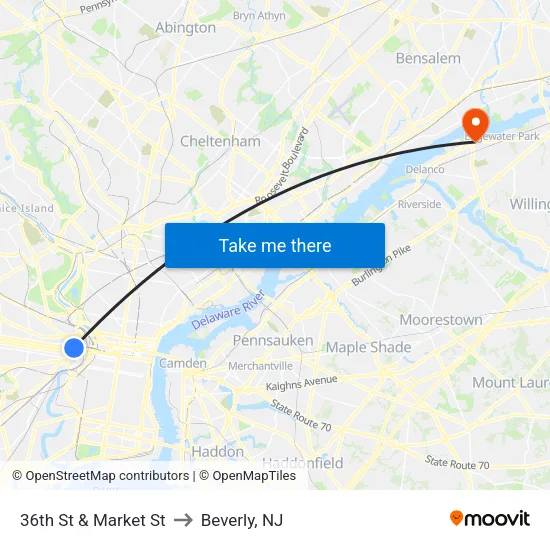 36th St & Market St to Beverly, NJ map