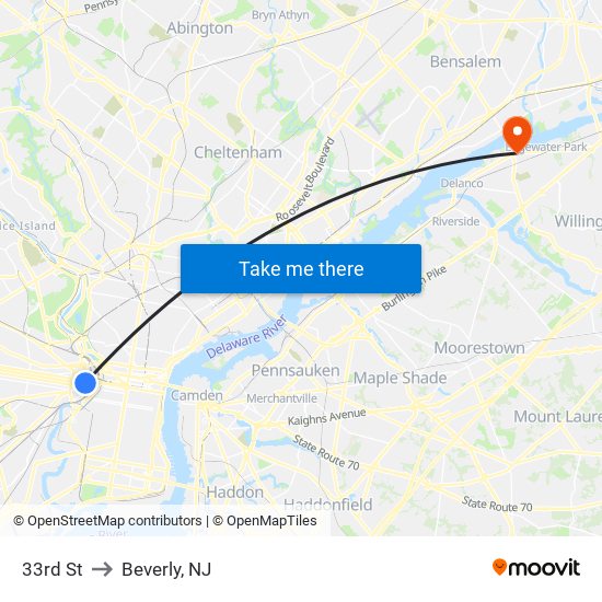 33rd St to Beverly, NJ map