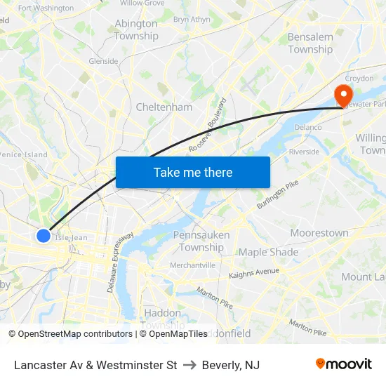 Lancaster Av & Westminster St to Beverly, NJ map