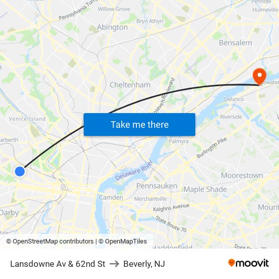 Lansdowne Av & 62nd St to Beverly, NJ map