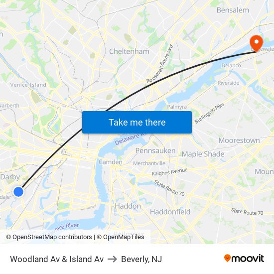 Woodland Av & Island Av to Beverly, NJ map