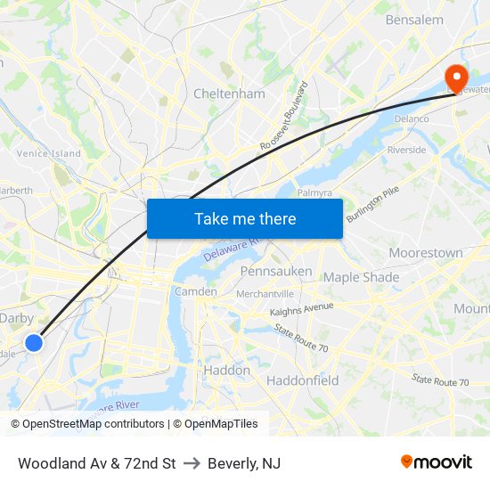Woodland Av & 72nd St to Beverly, NJ map