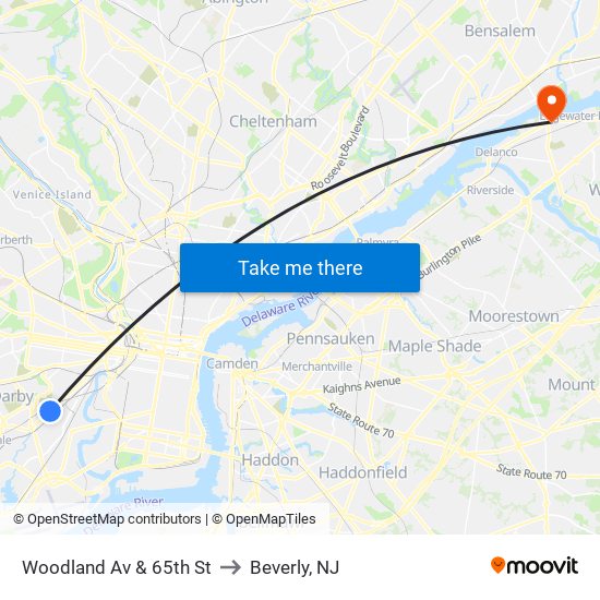Woodland Av & 65th St to Beverly, NJ map