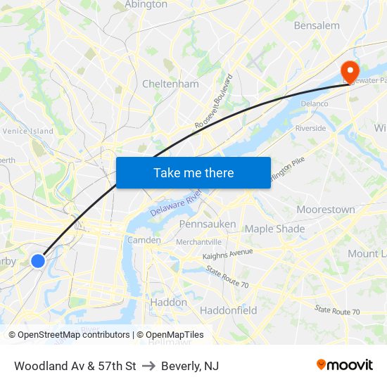 Woodland Av & 57th St to Beverly, NJ map