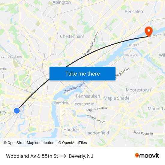 Woodland Av & 55th St to Beverly, NJ map