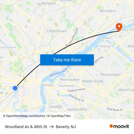 Woodland Av & 48th St to Beverly, NJ map