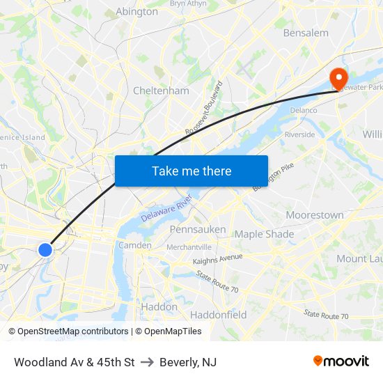 Woodland Av & 45th St to Beverly, NJ map