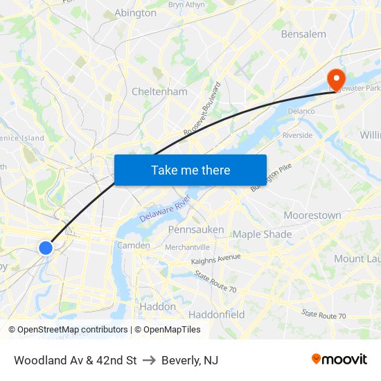 Woodland Av & 42nd St to Beverly, NJ map