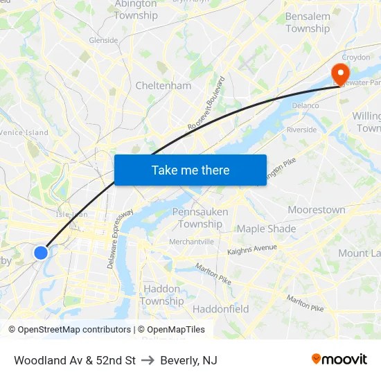 Woodland Av & 52nd St to Beverly, NJ map