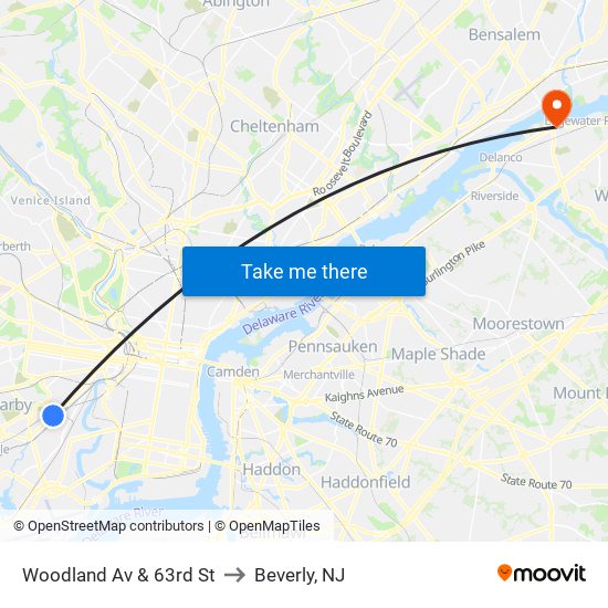 Woodland Av & 63rd St to Beverly, NJ map