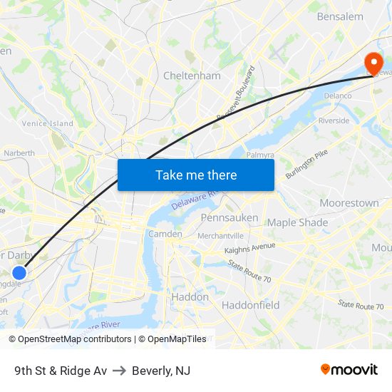 9th St & Ridge Av to Beverly, NJ map