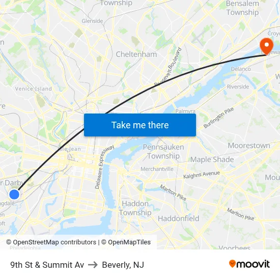 9th St & Summit Av to Beverly, NJ map