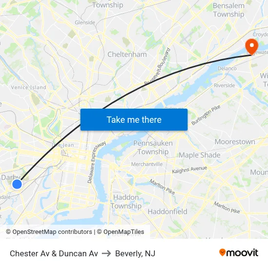 Chester Av & Duncan Av to Beverly, NJ map