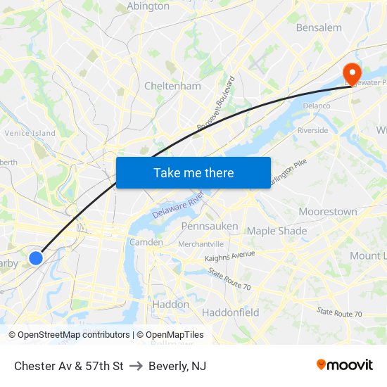 Chester Av & 57th St to Beverly, NJ map