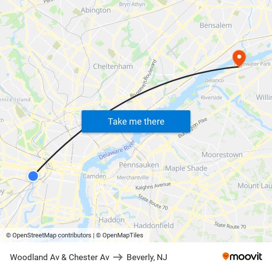 Woodland Av & Chester Av to Beverly, NJ map