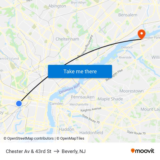 Chester Av & 43rd St to Beverly, NJ map