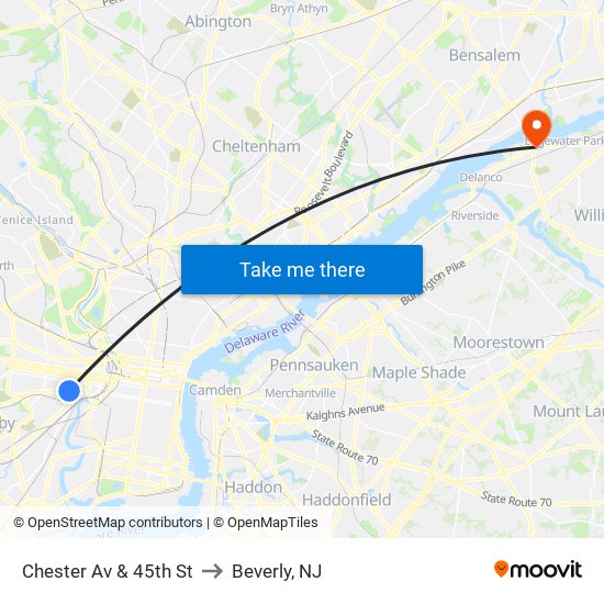 Chester Av & 45th St to Beverly, NJ map