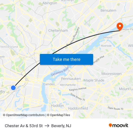 Chester Av & 53rd St to Beverly, NJ map