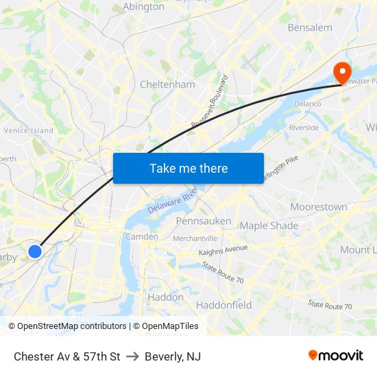 Chester Av & 57th St to Beverly, NJ map