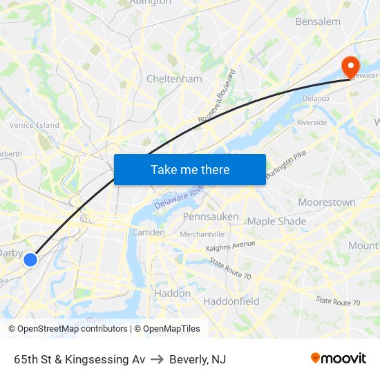 65th St & Kingsessing Av to Beverly, NJ map