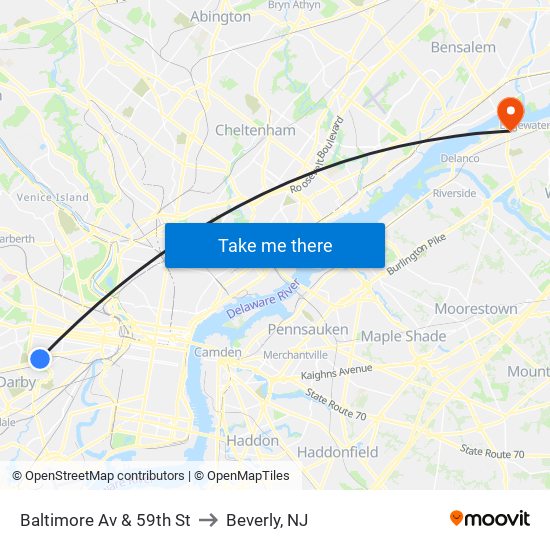 Baltimore Av & 59th St to Beverly, NJ map