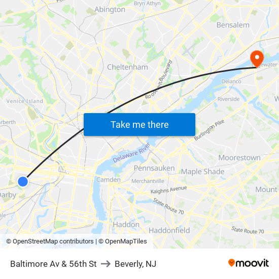 Baltimore Av & 56th St to Beverly, NJ map