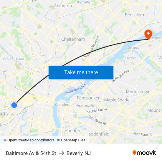 Baltimore Av & 54th St to Beverly, NJ map