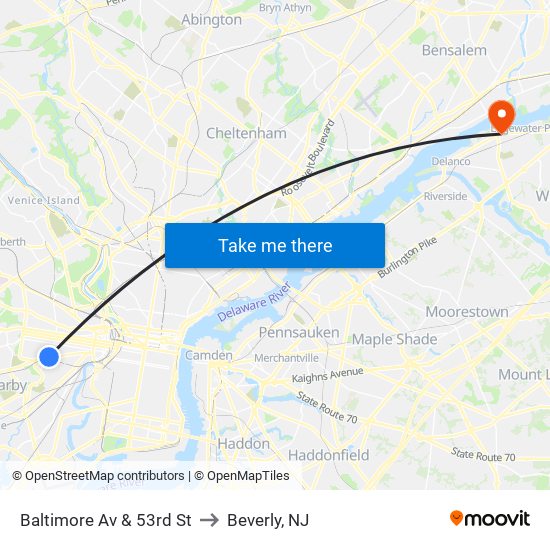 Baltimore Av & 53rd St to Beverly, NJ map
