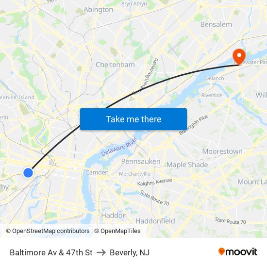 Baltimore Av & 47th St to Beverly, NJ map