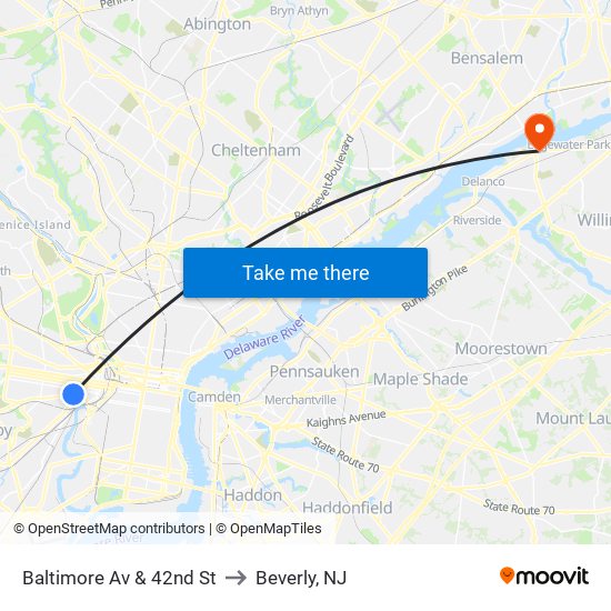 Baltimore Av & 42nd St to Beverly, NJ map