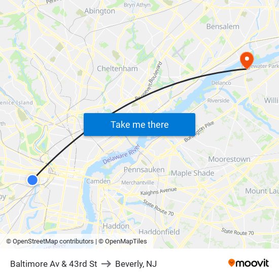 Baltimore Av & 43rd St to Beverly, NJ map