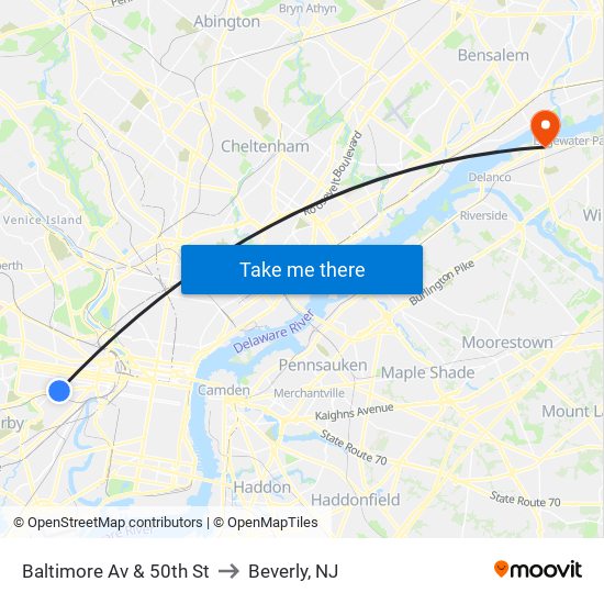 Baltimore Av & 50th St to Beverly, NJ map